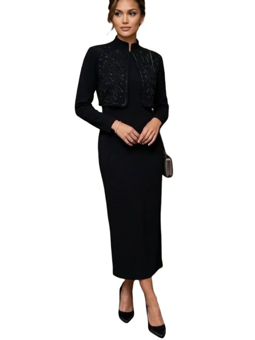 VTG LIZ CLAIBORNE Wool Blend Long Sleeve Beaded Maxi Dress Black SZ M